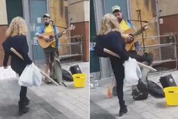 حمله ناگهانی زن عصبانی به نوازنده خیابانی!