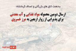 ارسال دومین محموله شامل سه کامیون مواد غذایی و یک تریلی آب معدنی برای پذیرایی از زوار اربعین حسینی به مرز خسروی